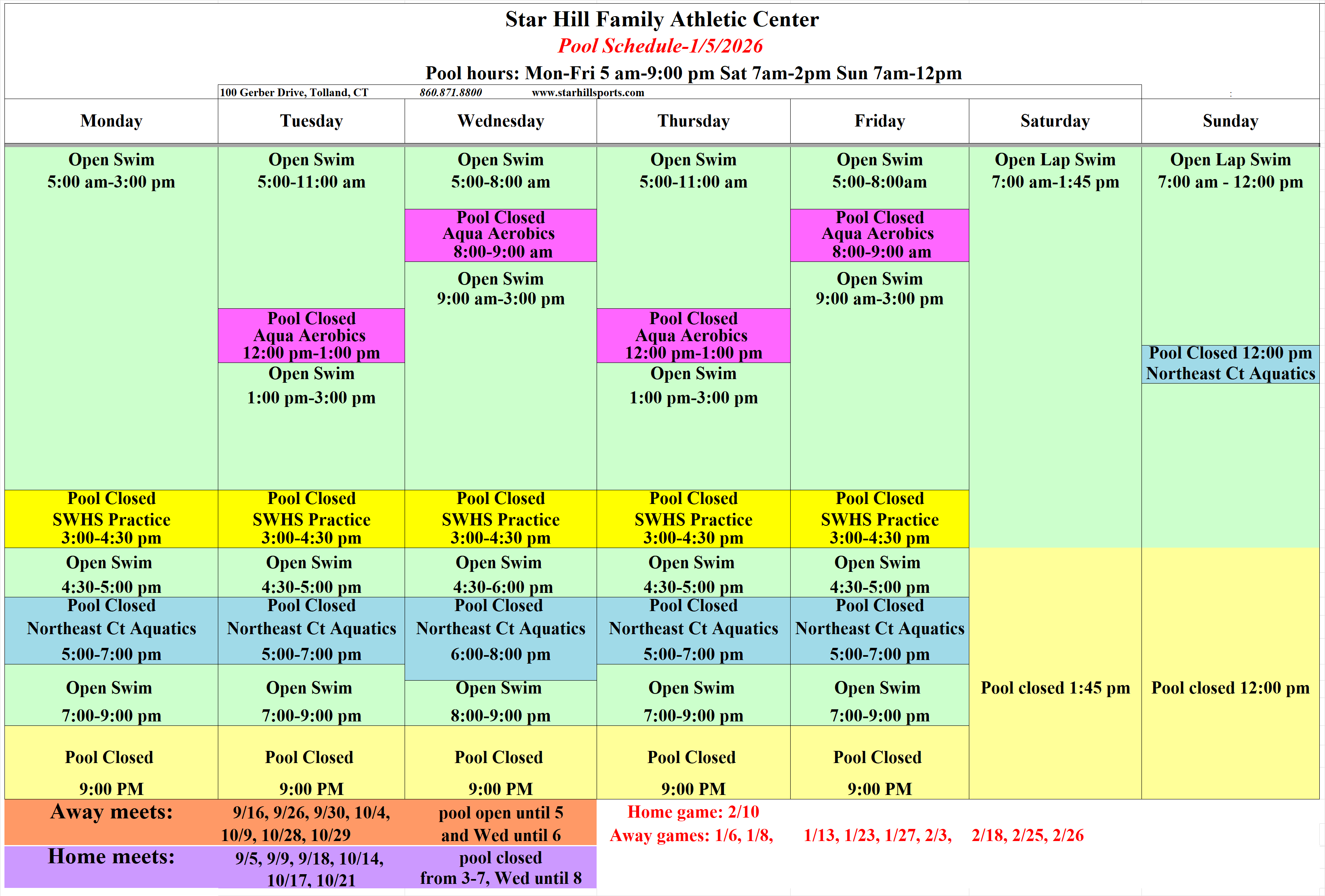 Pool Schedule 1-5-26